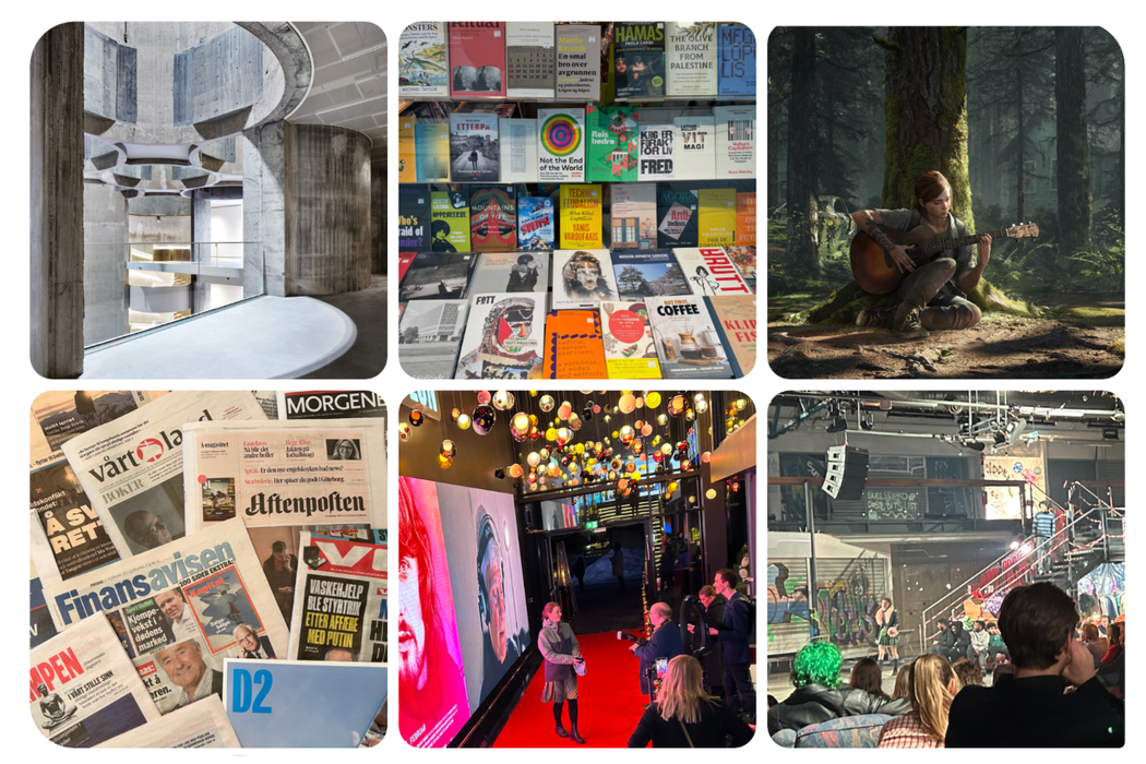 A collage consisting of six images: A museum interior, a book shelf, a musician in the woods, newspapers, actor on the red carpet, a theatre play.