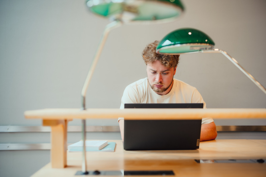 A male student at the desk, studying.